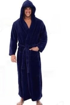 Warm Men's Plus Size Thick Hooded Long Sleeve Nightgown Dark Blue - D&A