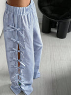 Waist Side Tie Bow Striped Wide Leg Pants - D&A
