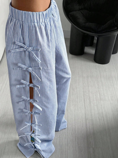 Waist Side Tie Bow Striped Wide Leg Pants - D&A