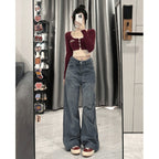 Love Embroidered Wide-leg Simple Casual Jeans Blue - D&A