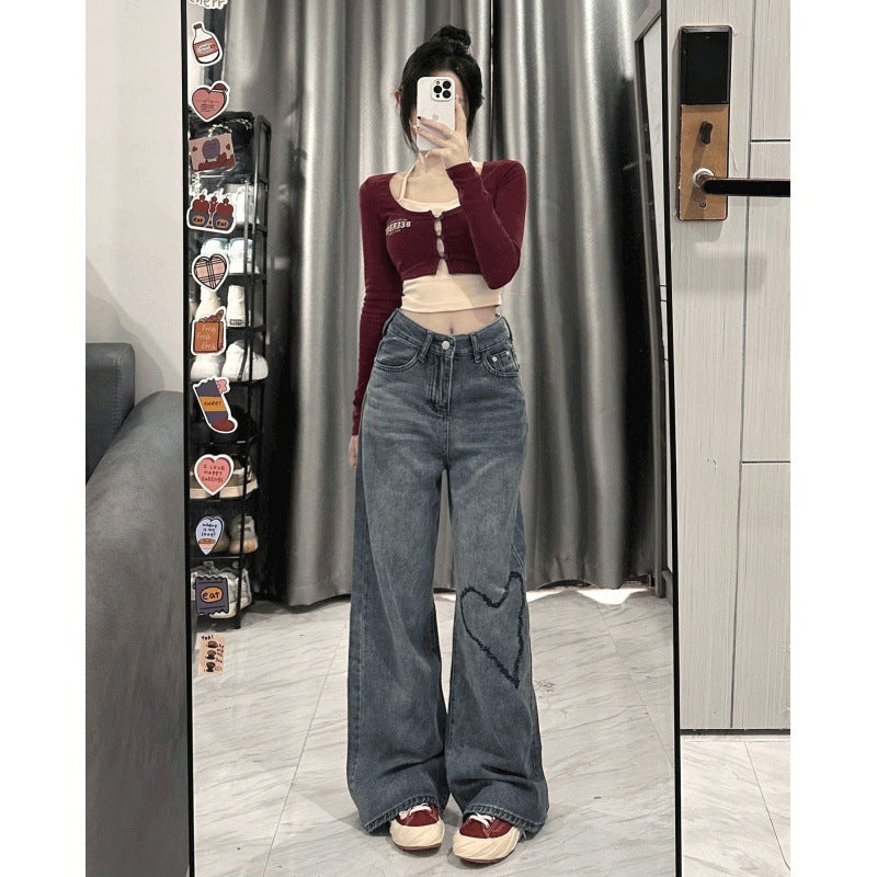 Love Embroidered Wide-leg Simple Casual Jeans Blue - D&A