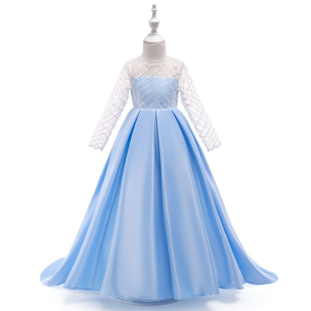 Mesh Long Sleeve Trailing Girls' Dress Sky blue - D&A