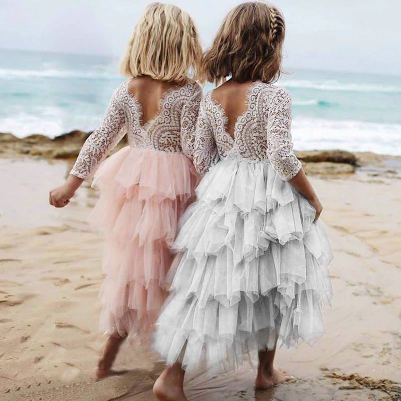 Autumn And Winter Explosions Hollow Children's Skirt Lace Long-sleeved Girls White Princess Dress Irregular Dress - D&A