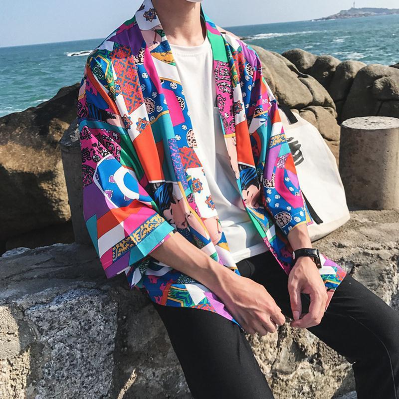 Japanese Style Kimono Jacket Men Summer Sleeve Men's Kimono Jackets harajuku men's cardigan outwear - D&A