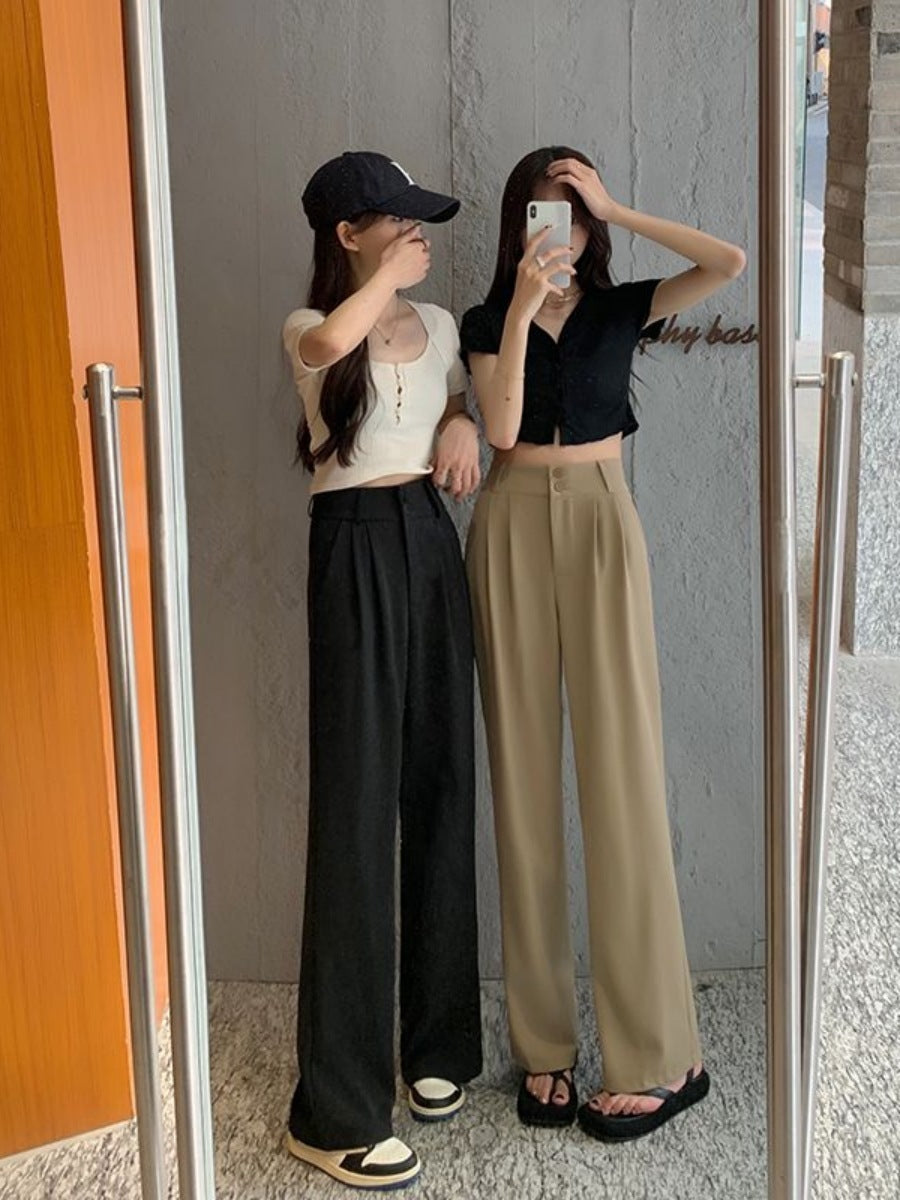 New High Waist Drooping Straight Pear Shapes Pants Black - D&A