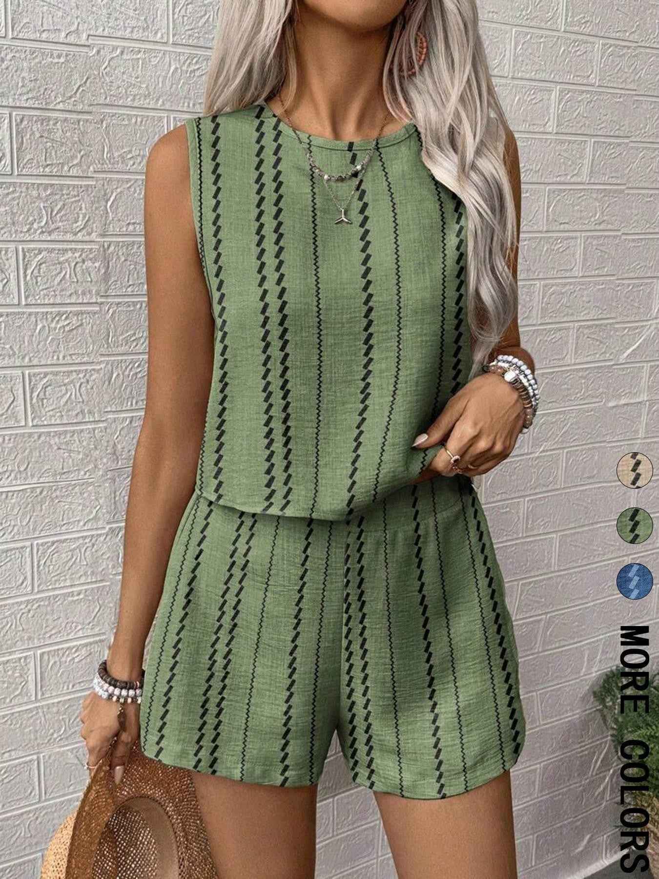 Casual Craft Stripe Printing Sleeveless Tank Top Shorts Suit