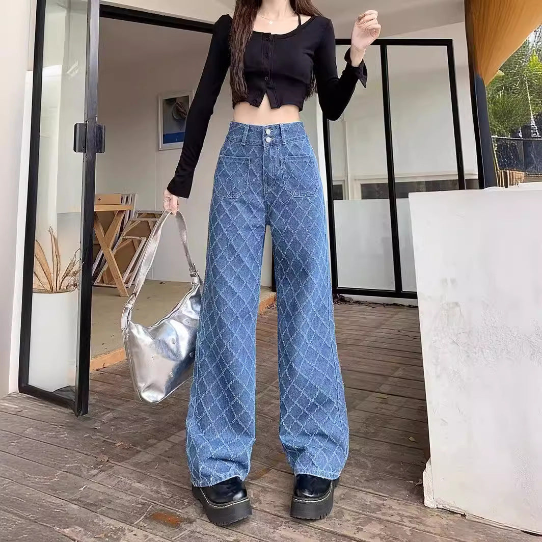 Summer Ladies New Loose Drooping Slimming Jacquard Design Straight-leg Denim Trousers - D&A