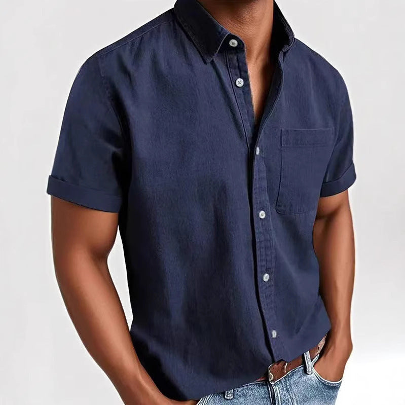 Single-breasted Shirt Men's Short Sleeve Dark Blue - D&A