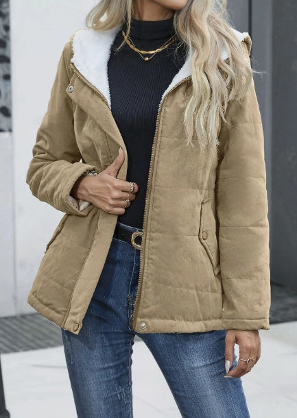 Women's Plain Zipper Front Hooded Fleece Casual Padded Padded Coat Khaki - D&A