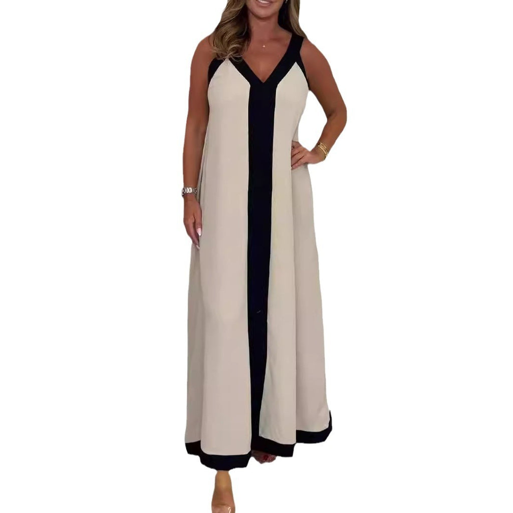 Casual Loose Contrast Color V-neck Sleeveless Long Dress - D&A