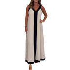 Casual Loose Contrast Color V-neck Sleeveless Long Dress - D&A