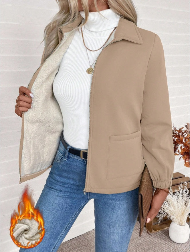 Casual Solid Color Zipper Fleece Jacket, Autumn Winter Khaki - D&A