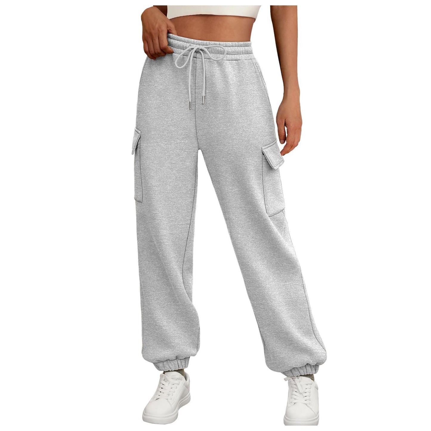 Casual Side Pocket Elastic Waist Solid Color Straight-leg Pants Light Gray - D&A