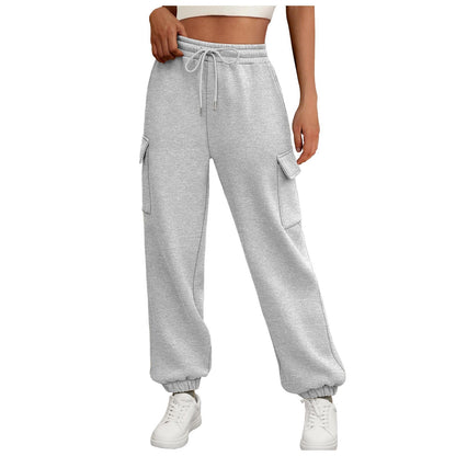 Casual Side Pocket Elastic Waist Solid Color Straight-leg Pants Light Gray - D&A
