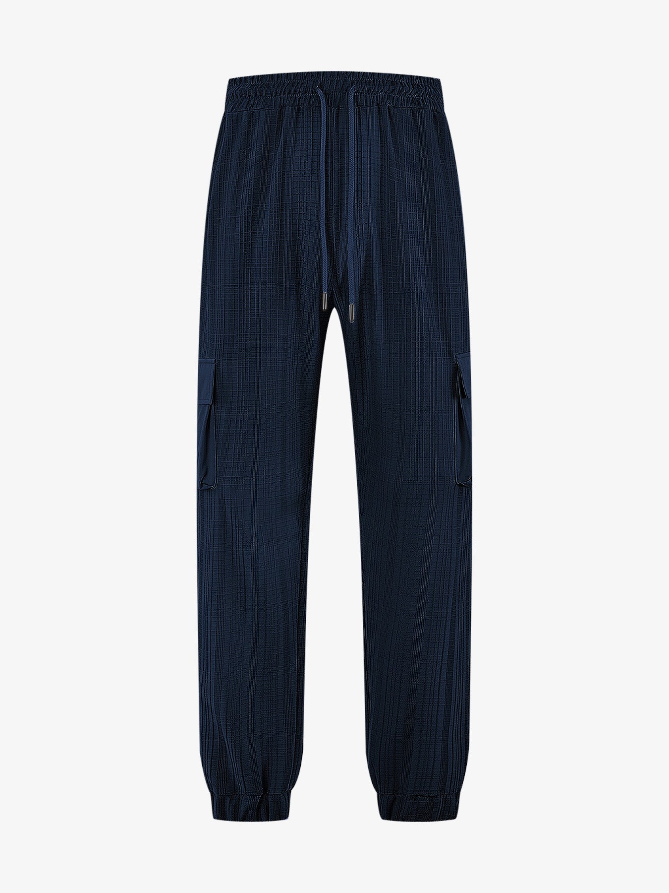 Loose Breathable Micro Elastic Lace-up Imitation Linen Plaid Men's Casual Pants Overalls Navy Blue - D&A
