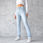 Women's Straight Leg Slim Fit Jeans, Fashionable And Simple Light Blue Pants - D&A