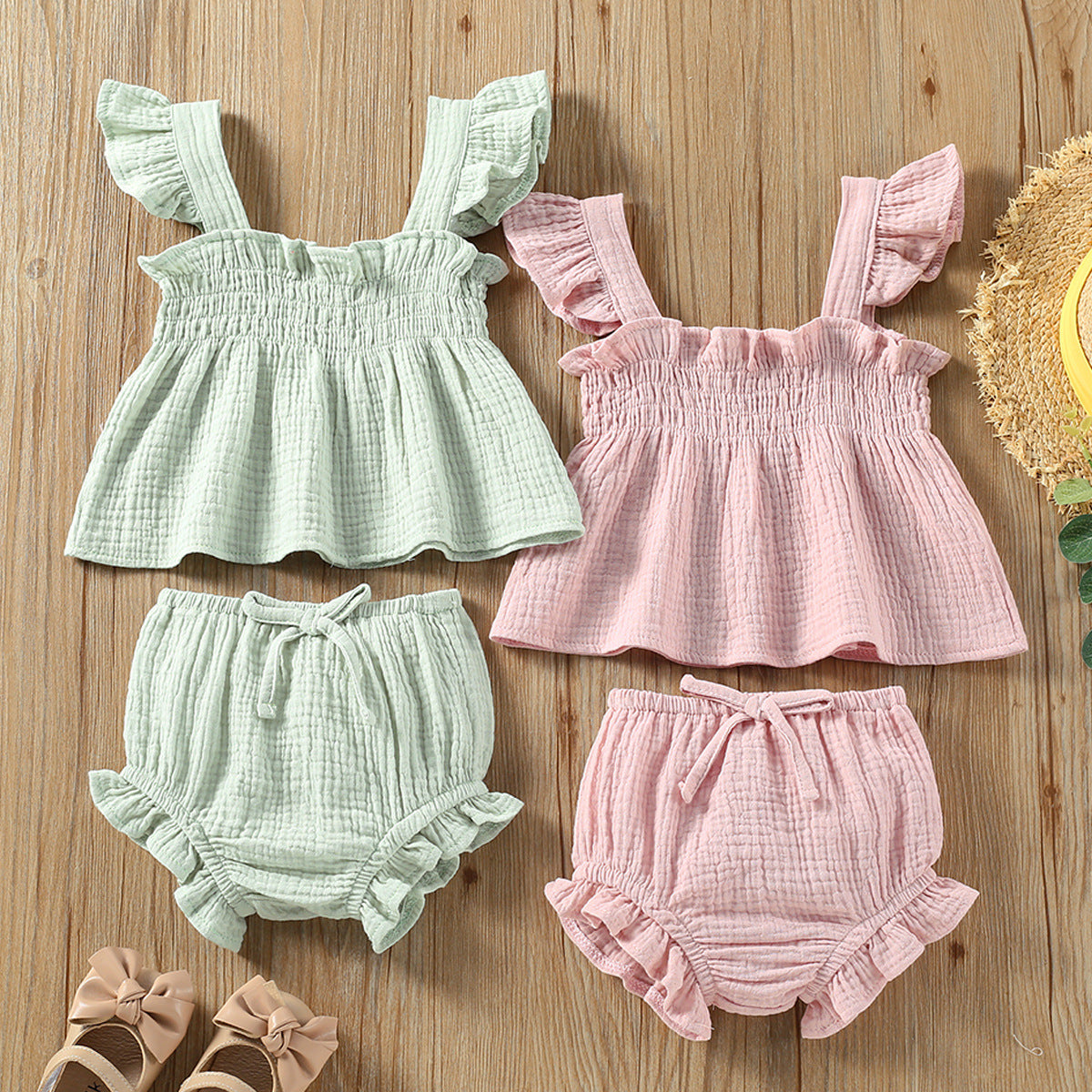 Girls' Solid Color Sling Top Hot Pants Suit - D&A