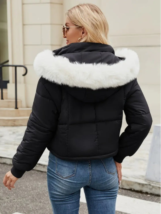 Women's Chic Mint Green Puffer Jacket With Faux Fur Trim Hood - D&A