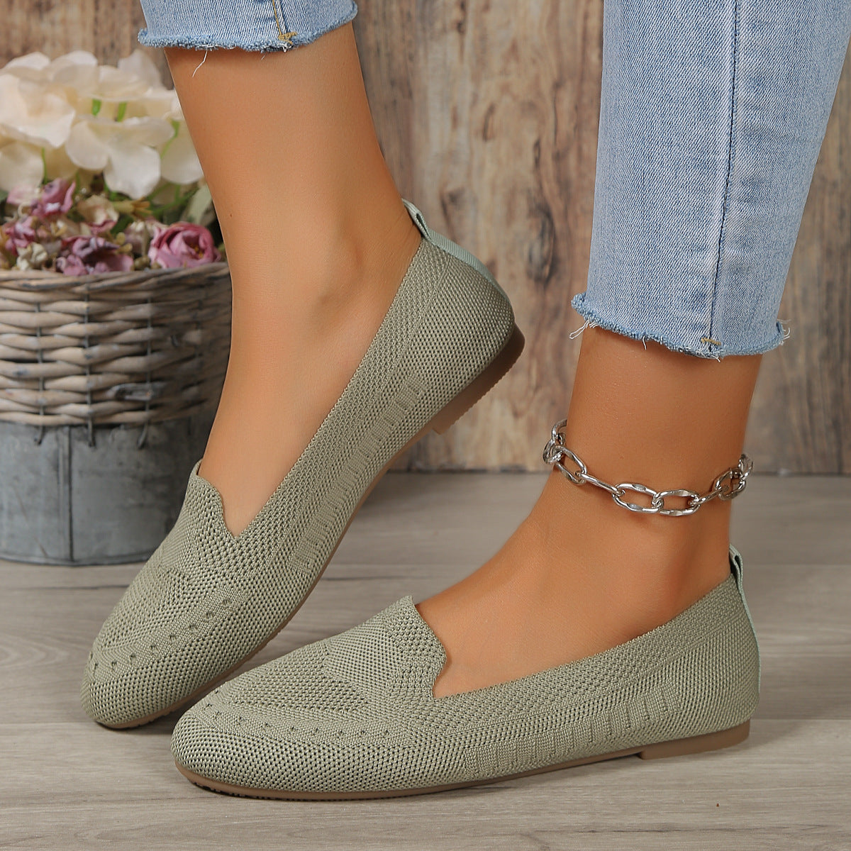 Fly Woven Mesh Low-cut Slip-on Lazy Flat Women's Casual Shoes Light Green - D&A