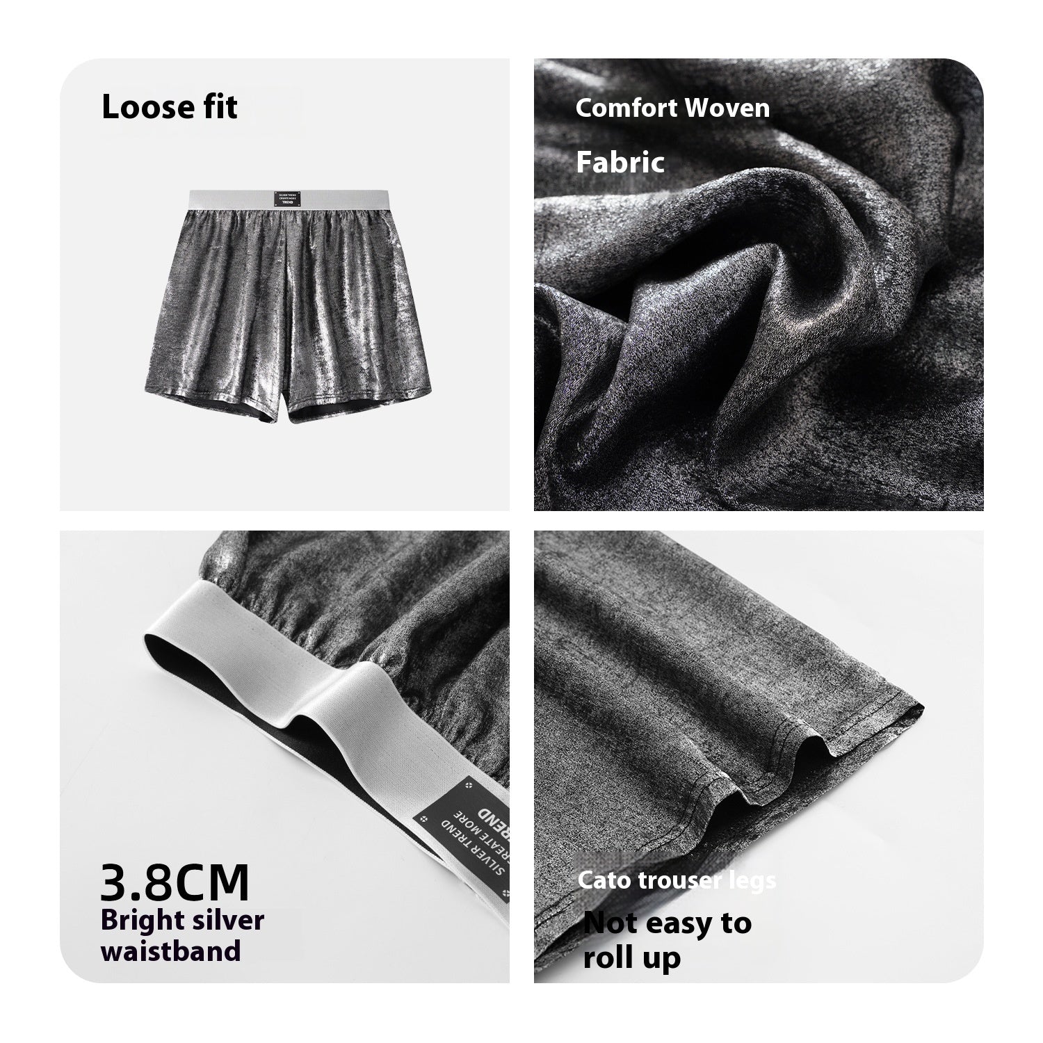 Galaxy Reflective Bright Silver Casual Woven Loose Underwear - D&A