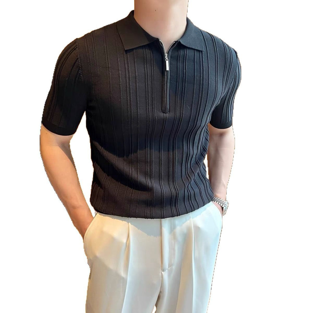 Casual Zipper Short Sleeve Men's Retro Elegant Jacquard Lapel - D&A