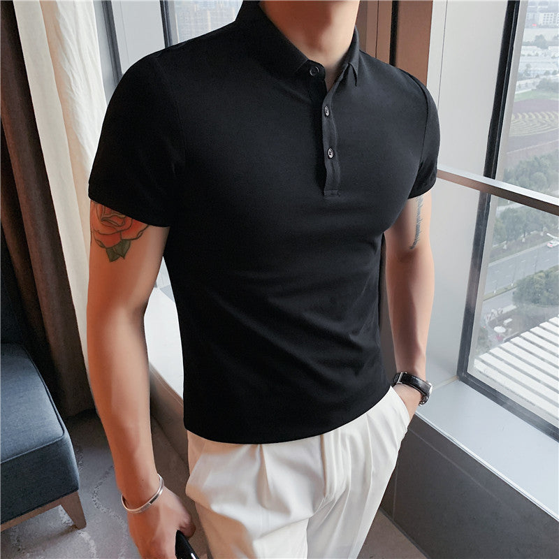 Solid Color Polo Shirt Youth Business Casual Lapels Short Sleeve Black - D&A
