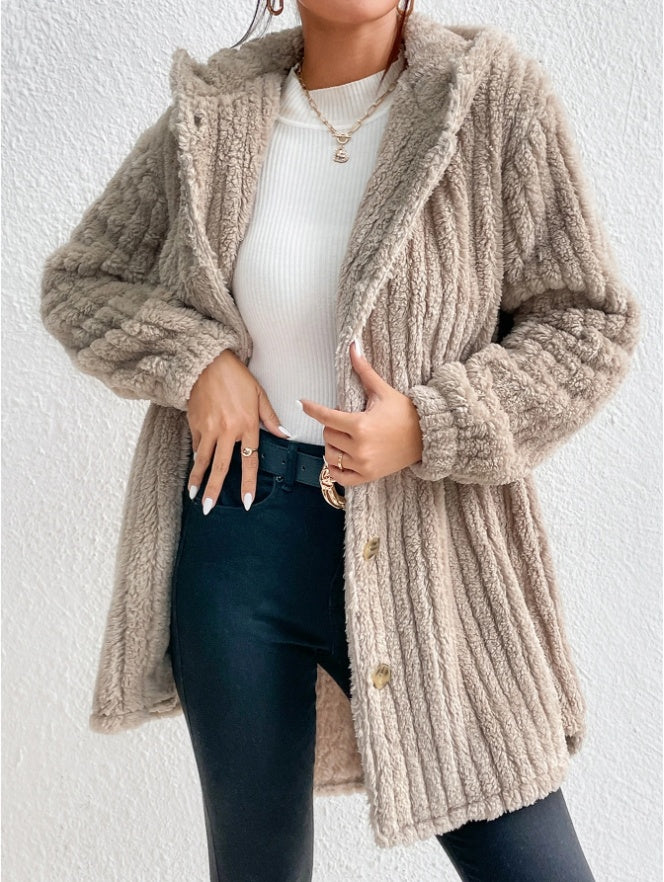 Button Front Hooded Teddy Coat Khaki - D&A