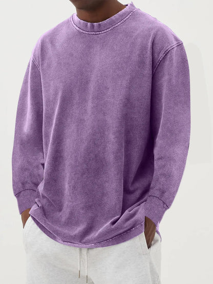 Washed Old Solid Color Men's Long-sleeved T-shirt Purple - D&A