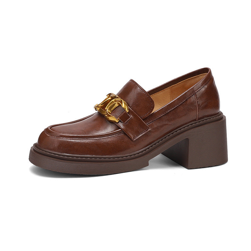 Sheepskin Preppy Style Metal Buckle High Heel Loafers Women Brown - D&A