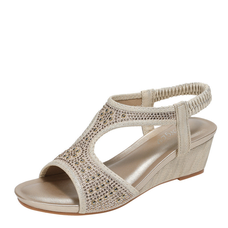 Fashionable Women's Sandals New Mid Heel Elastic Rhinestone Wedge Sandals Gold - D&A