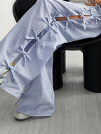 Waist Side Tie Bow Striped Wide Leg Pants - D&A