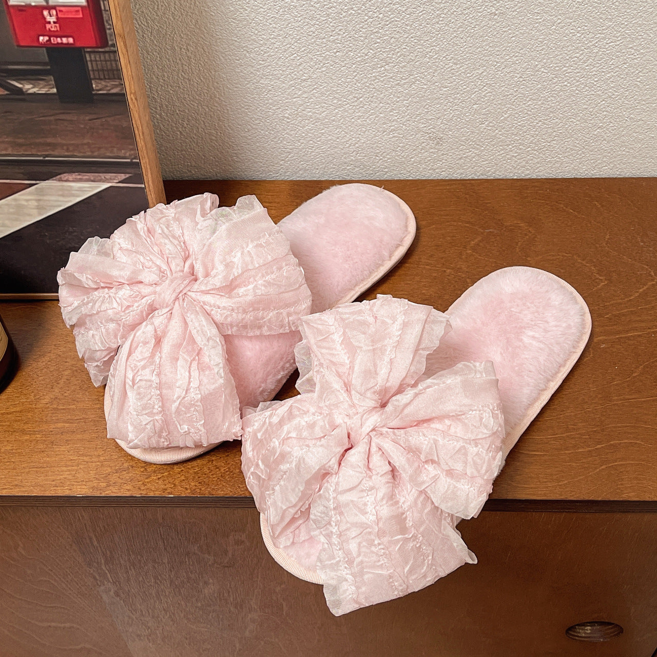 Sweet Style Big Bow Cotton Slippers Fashion Four Seasons Soft Bottom Home Shoes Pink - D&A