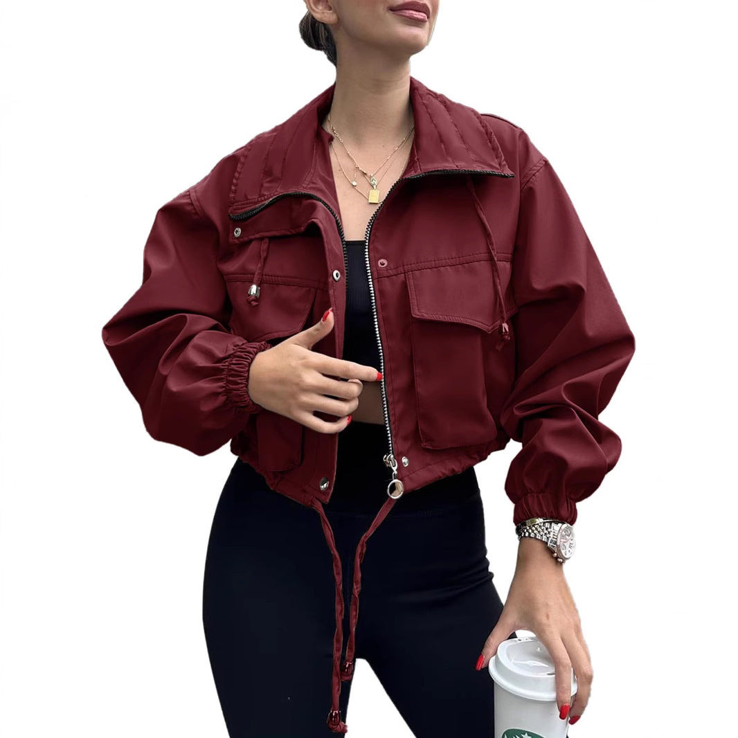 Solid Color Women's Short Jacket Zipper Trench Coat - D&A