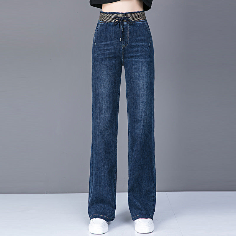 Plus Size High Waist Straight Drooping Pants Jeans Mop Pants Bell-bottom Pants 9192 Blue Trousers - D&A