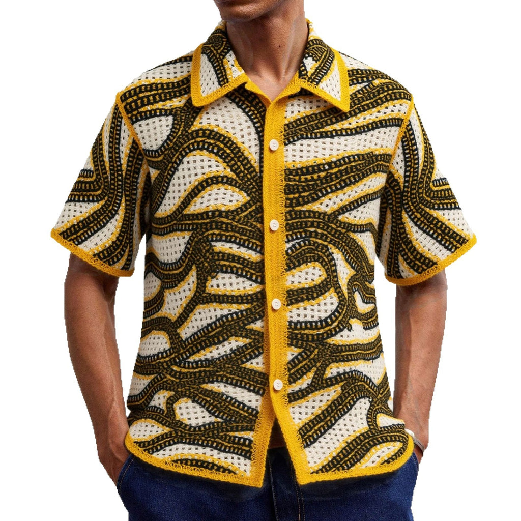 American Texture Striped Sweater Retro Hand Crocheting Short Sleeve Cardigan - D&A