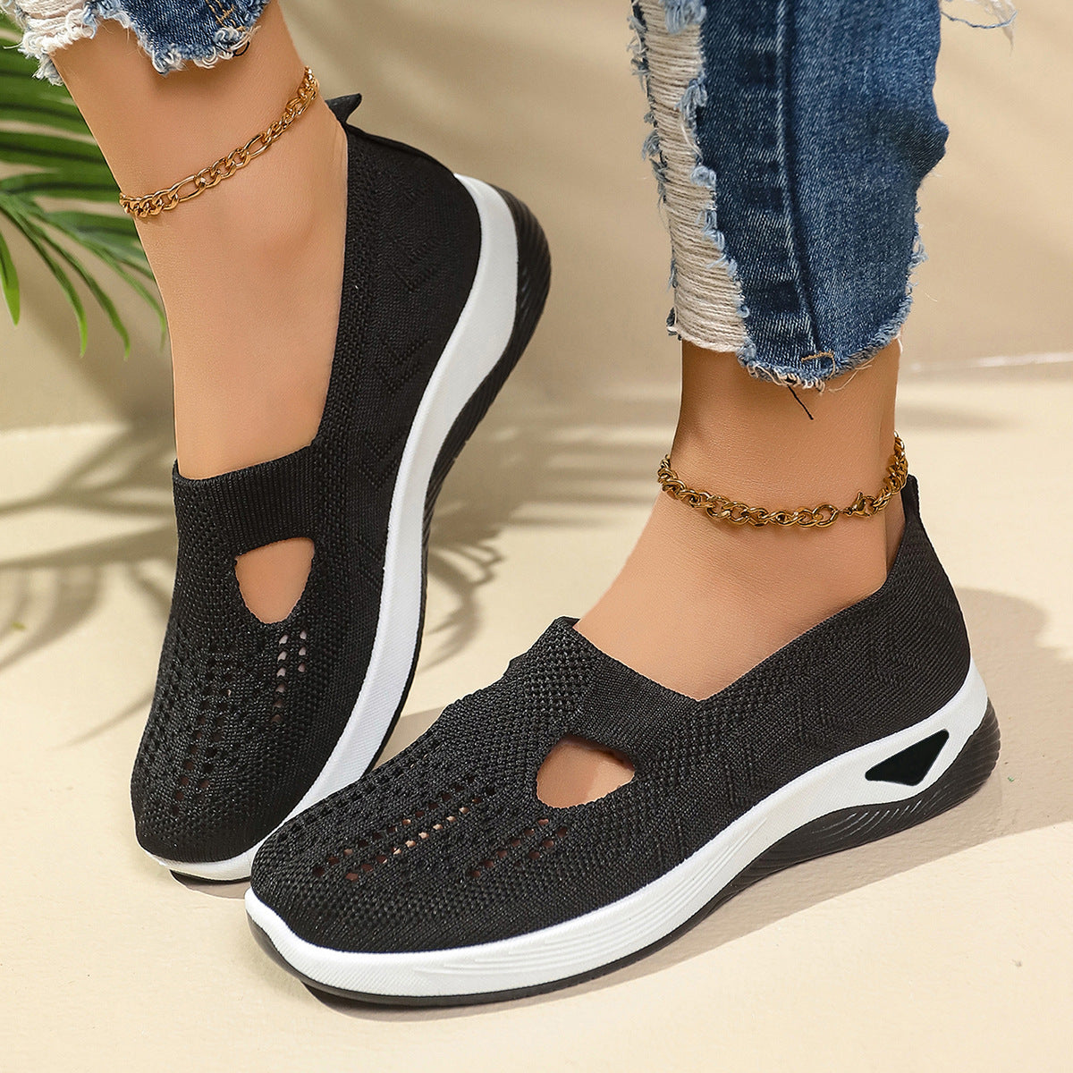 Women's Shoes Soft Bottom Not Tired Feet Slip-on Mesh Black - D&A