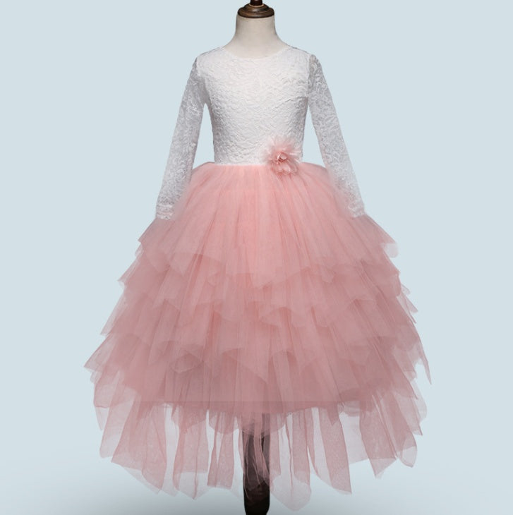Autumn And Winter Explosions Hollow Children's Skirt Lace Long-sleeved Girls White Princess Dress Irregular Dress Pink - D&A