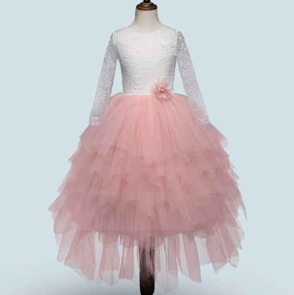 Autumn And Winter Explosions Hollow Children's Skirt Lace Long-sleeved Girls White Princess Dress Irregular Dress Pink - D&A