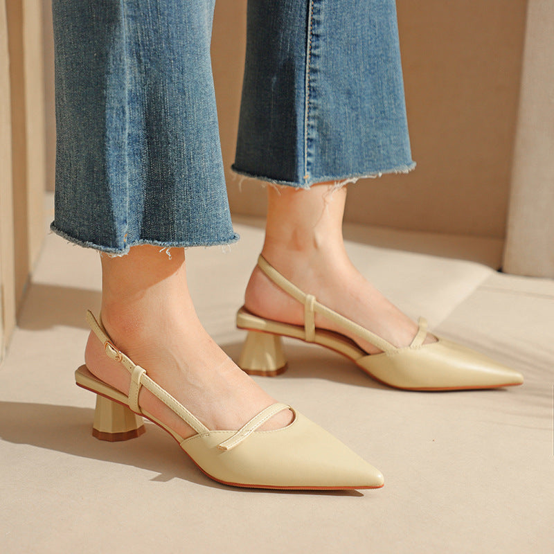 Women's Chunky Heel Low Heel Pointed Leather Stitching Fashion Sandals - D&A
