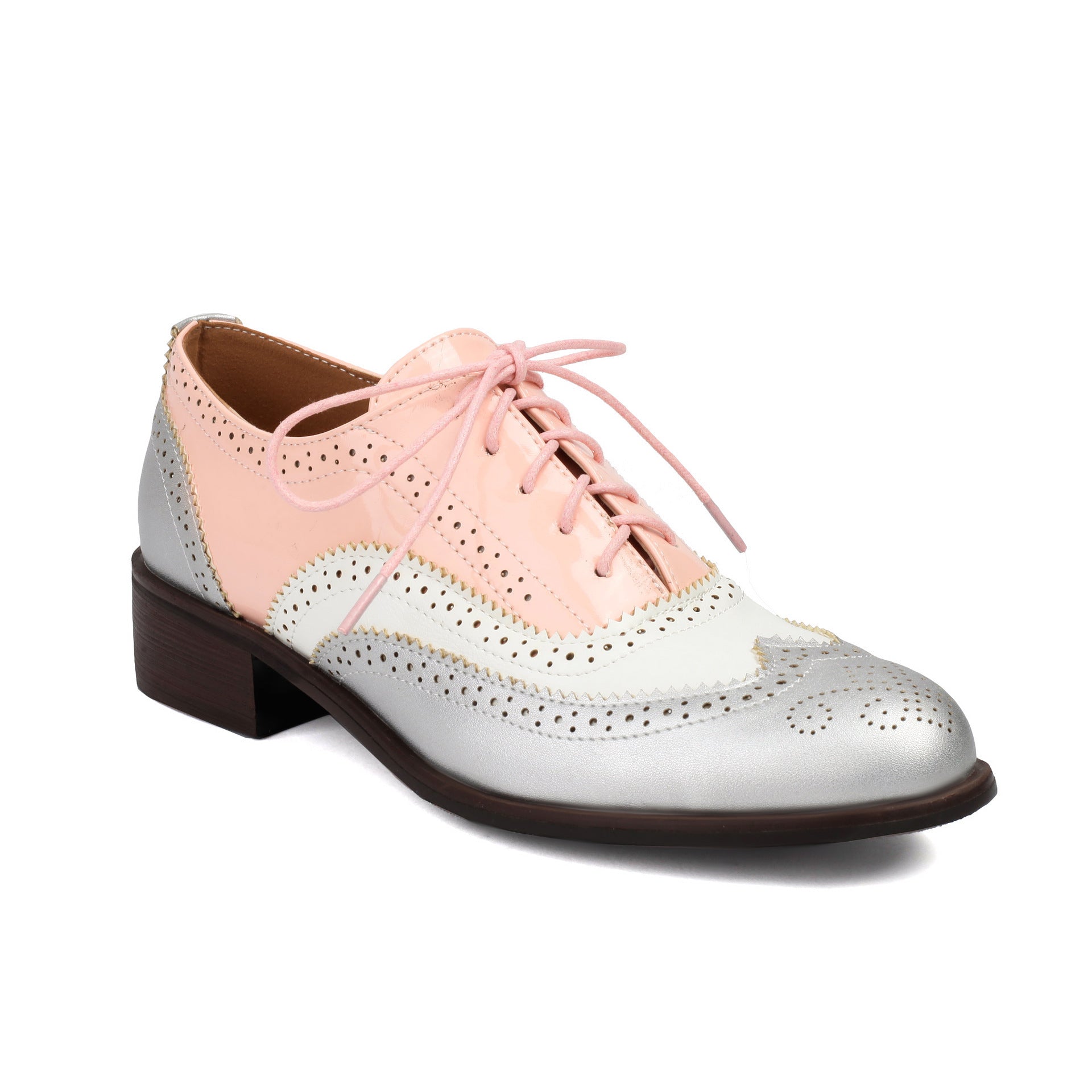 Retro British Contrasting Color Brogue High-cut Lace-up Shoes Pink - D&A