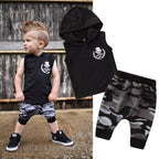 2PCS Toddler Kids Baby Boy Sleeveless Hooded Clothes T-shirt Tops Camo Pants Outfits - D&A