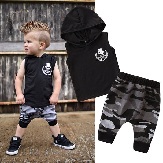 2PCS Toddler Kids Baby Boy Sleeveless Hooded Clothes T-shirt Tops Camo Pants Outfits - D&A