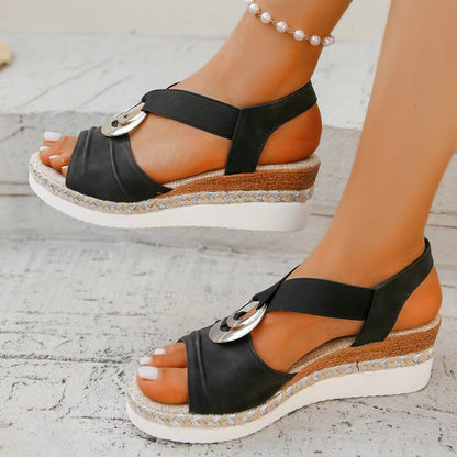 Plus Size Women's Metal Buckle Decorative Hemp Rope Wedge Light Bottom Peep Toe Sandals Black - D&A