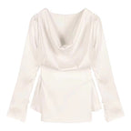 High-end Irregular Bell Sleeve Waist-tight Graceful Satin Long Sleeve Shirt Silver White - D&A