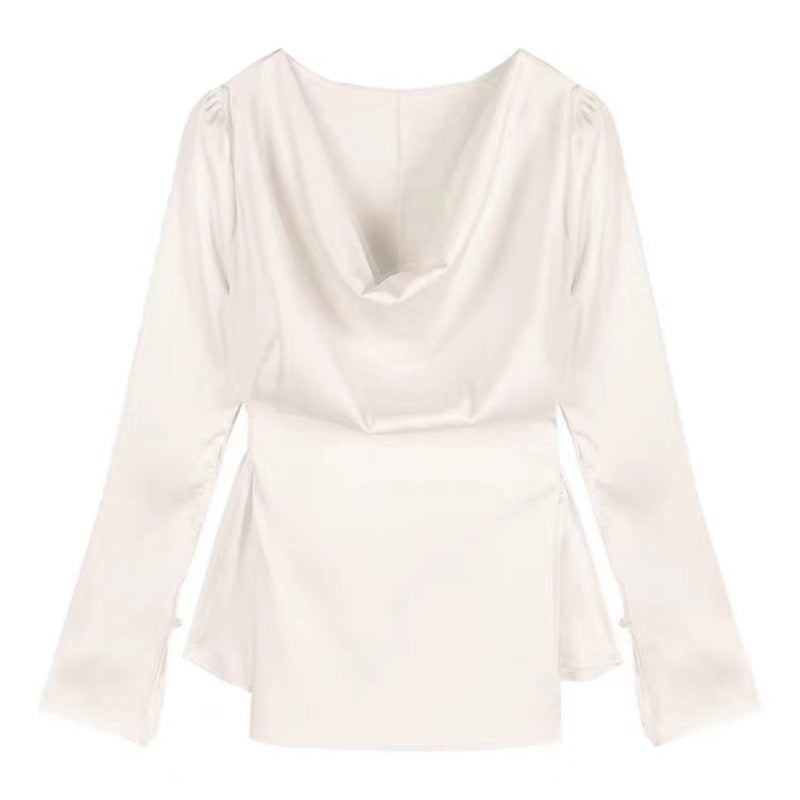 High-end Irregular Bell Sleeve Waist-tight Graceful Satin Long Sleeve Shirt Silver White - D&A