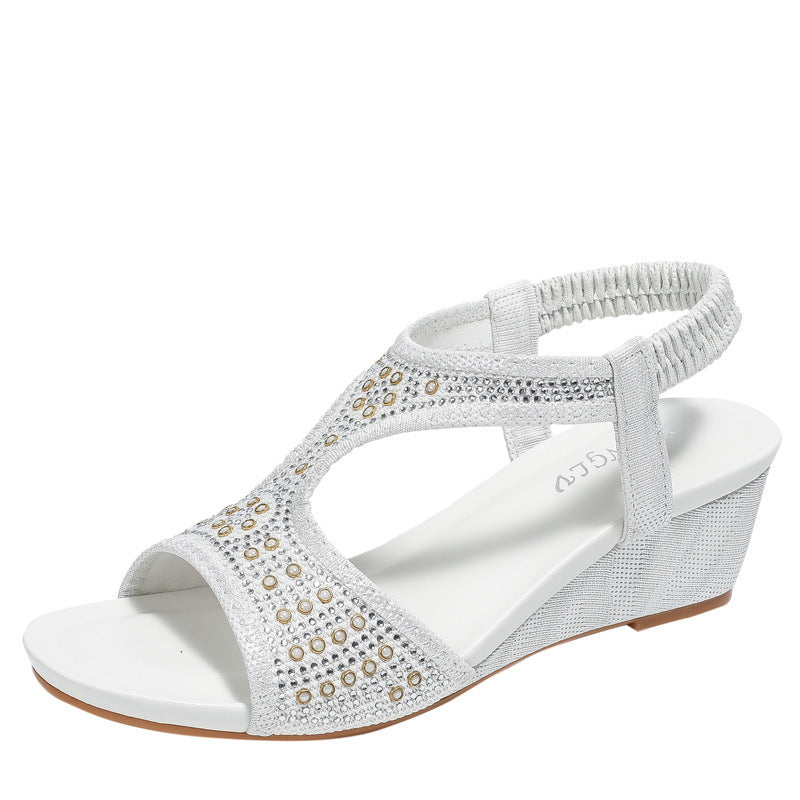 Fashionable Women's Sandals New Mid Heel Elastic Rhinestone Wedge Sandals White - D&A