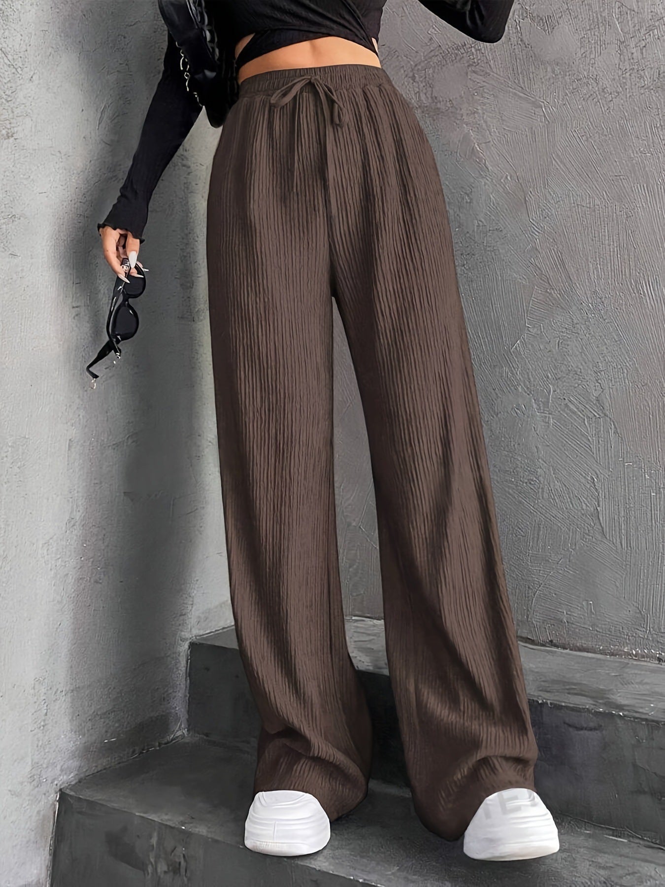 New Women's Elastic Waist Pinstripe Road Straight Wide Leg Brown - D&A
