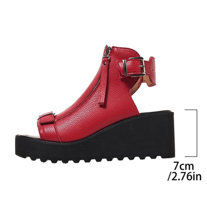 Round Toe Double Zipper Heel Buckle Hollow Women's Sandals - D&A