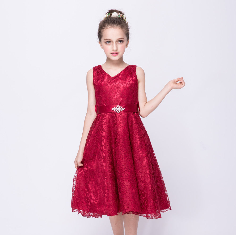 Girls' Lace Dress – Kids' Party Costume Outfit Wine Red - D&A