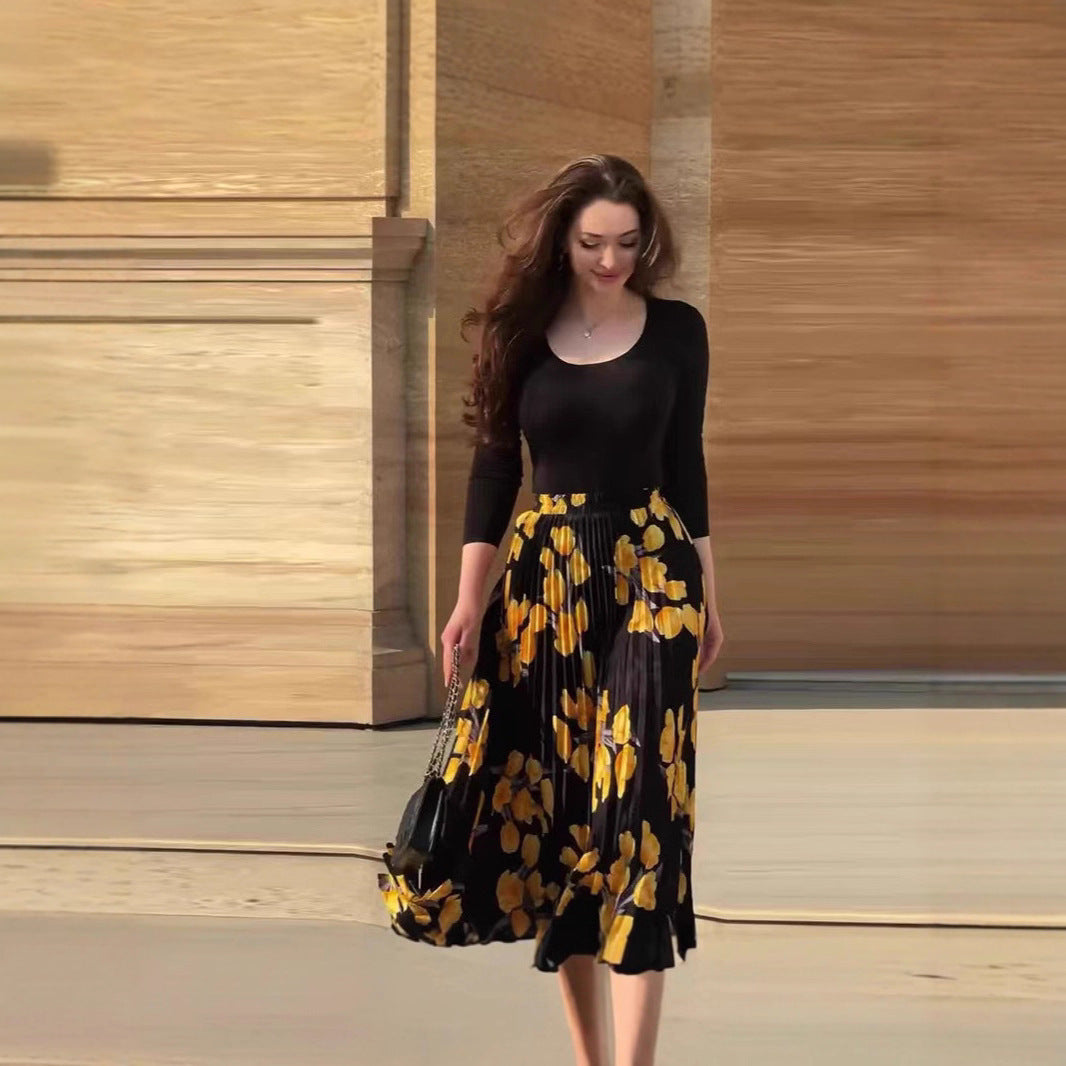 Women's New Long Sleeve U-neck Slim-fit Printed Skirt Two-piece Set - D&A